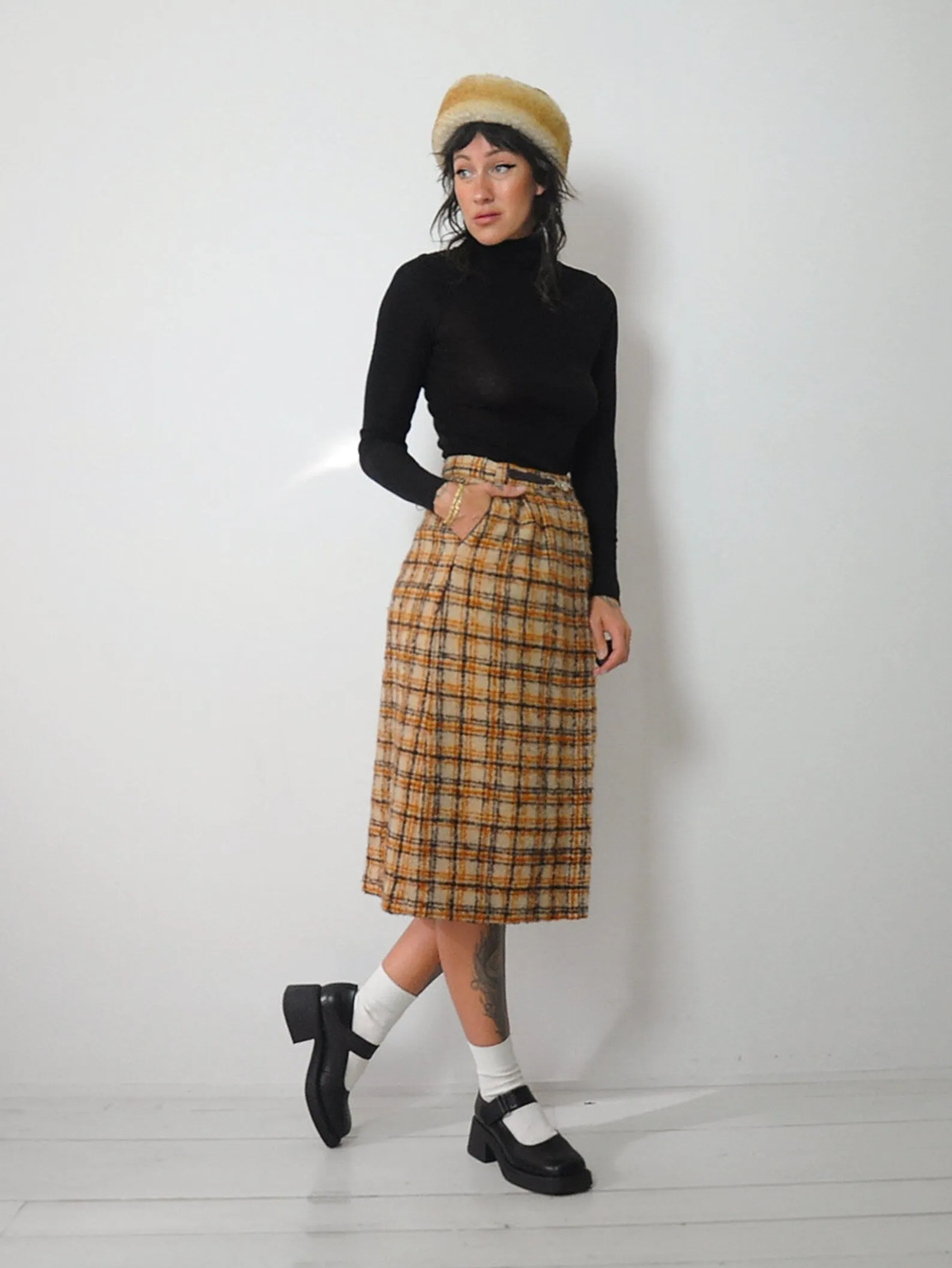 1970's Celine Wool Plaid Skirt