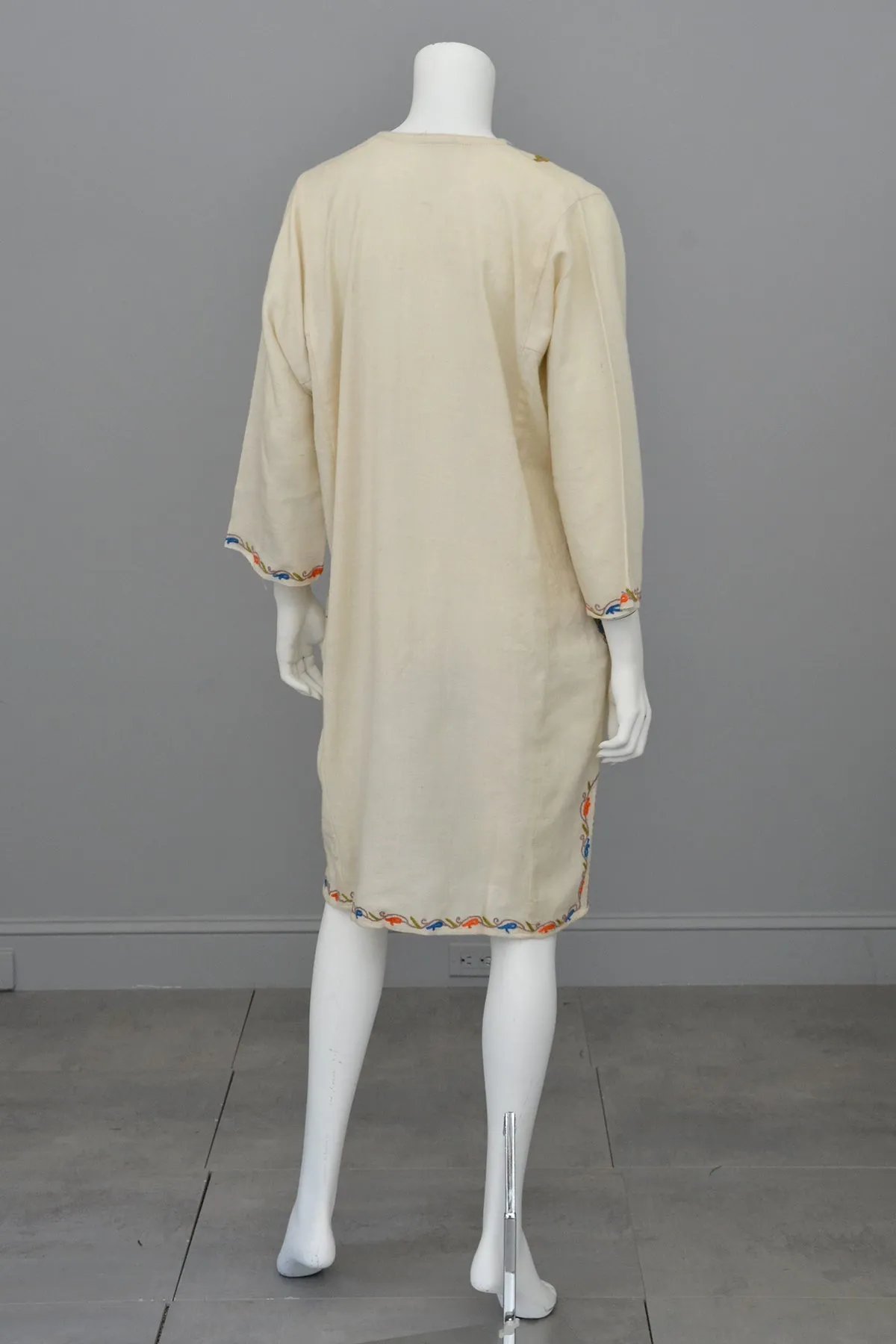 1970s Embroidered Off-White Wool Tunic Caftan Dress, Size L