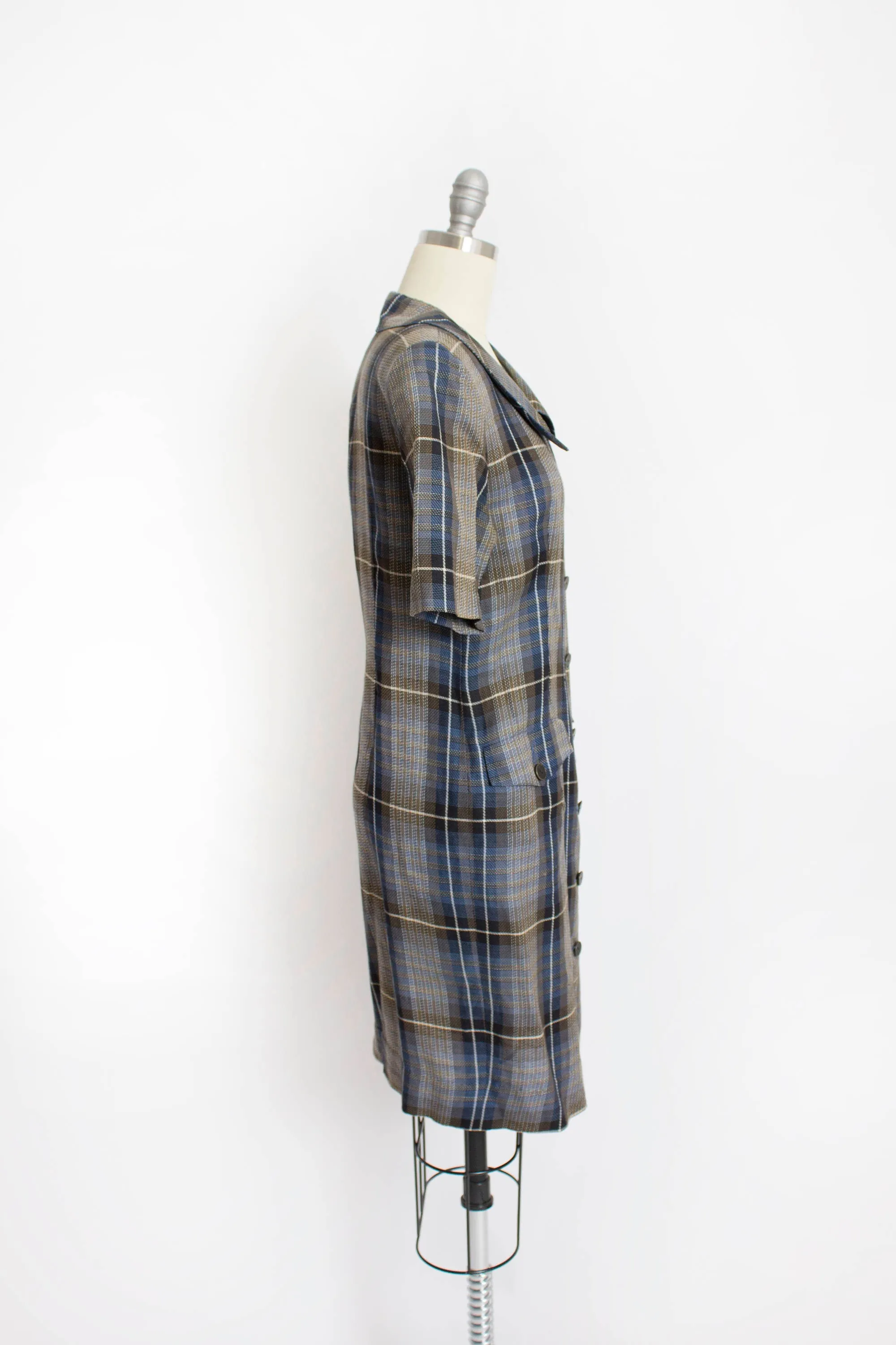 1980s CHLOE Shirt Front Dress Blue Plaid S