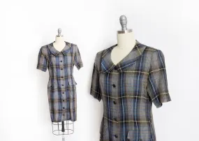 1980s CHLOE Shirt Front Dress Blue Plaid S