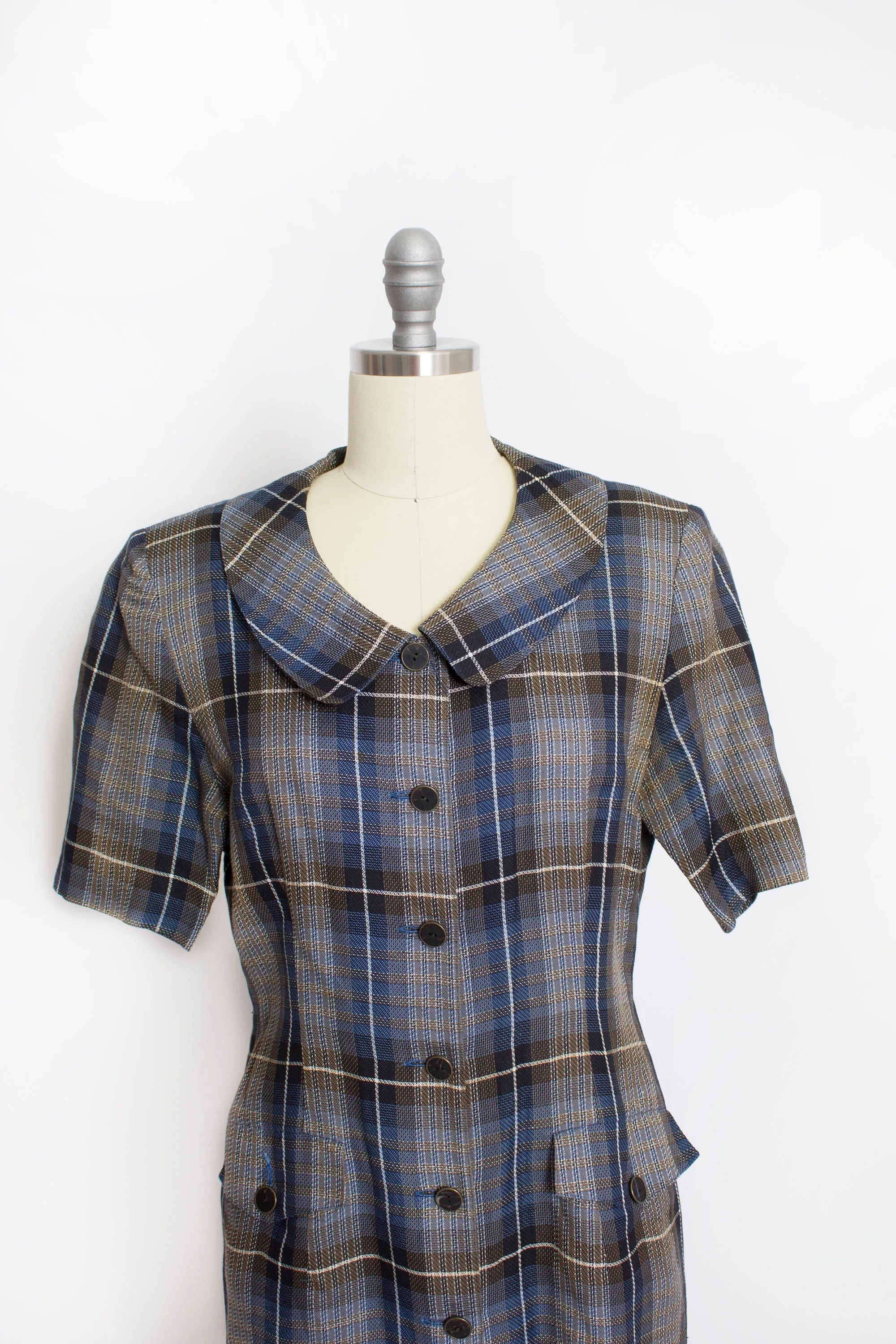 1980s CHLOE Shirt Front Dress Blue Plaid S