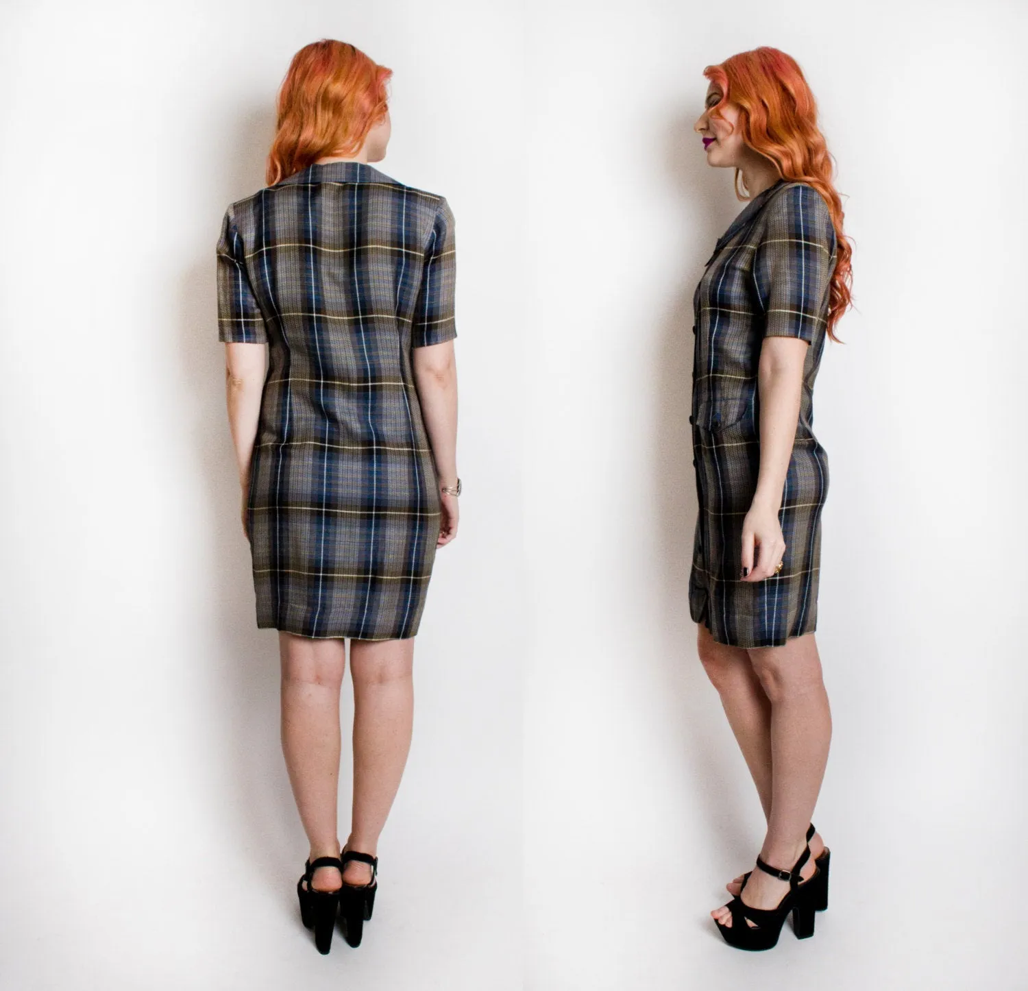 1980s CHLOE Shirt Front Dress Blue Plaid S