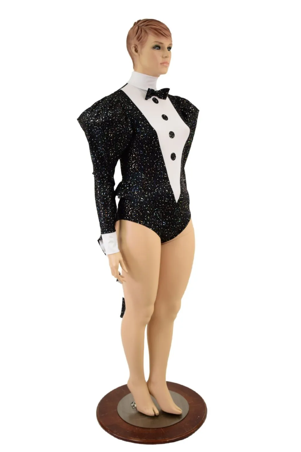 2PC Faux Tux Romper with Tails, Tie, and Turtleneck and Breakaway Skirt