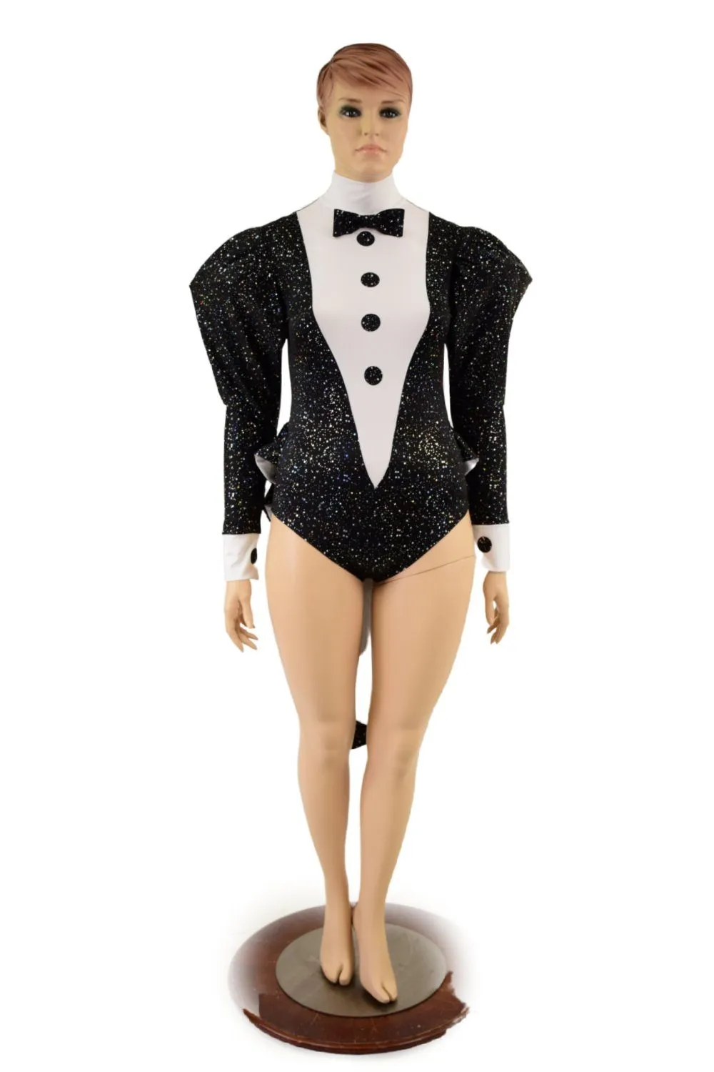 2PC Faux Tux Romper with Tails, Tie, and Turtleneck and Breakaway Skirt