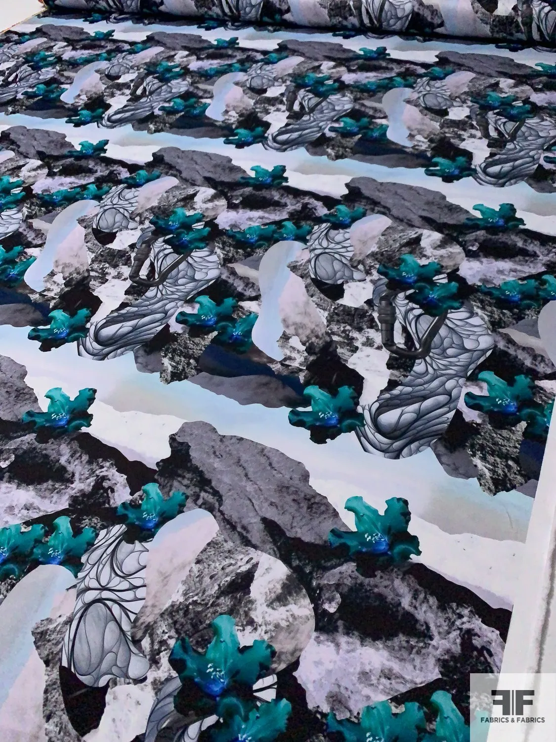 Abstract Collage Printed Double Faced Polyester Satin - Teal / Blue / Grey / Black