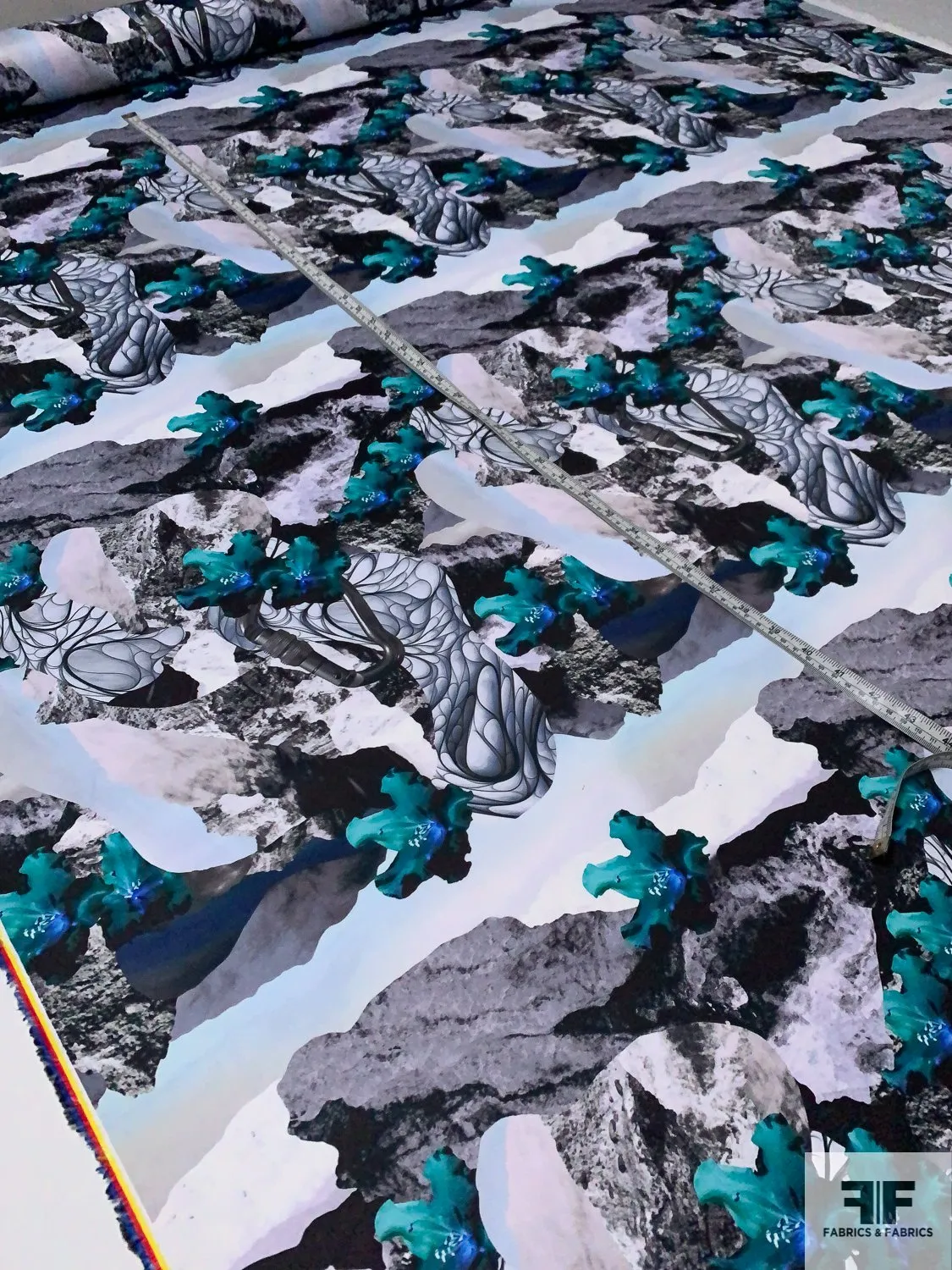 Abstract Collage Printed Double Faced Polyester Satin - Teal / Blue / Grey / Black