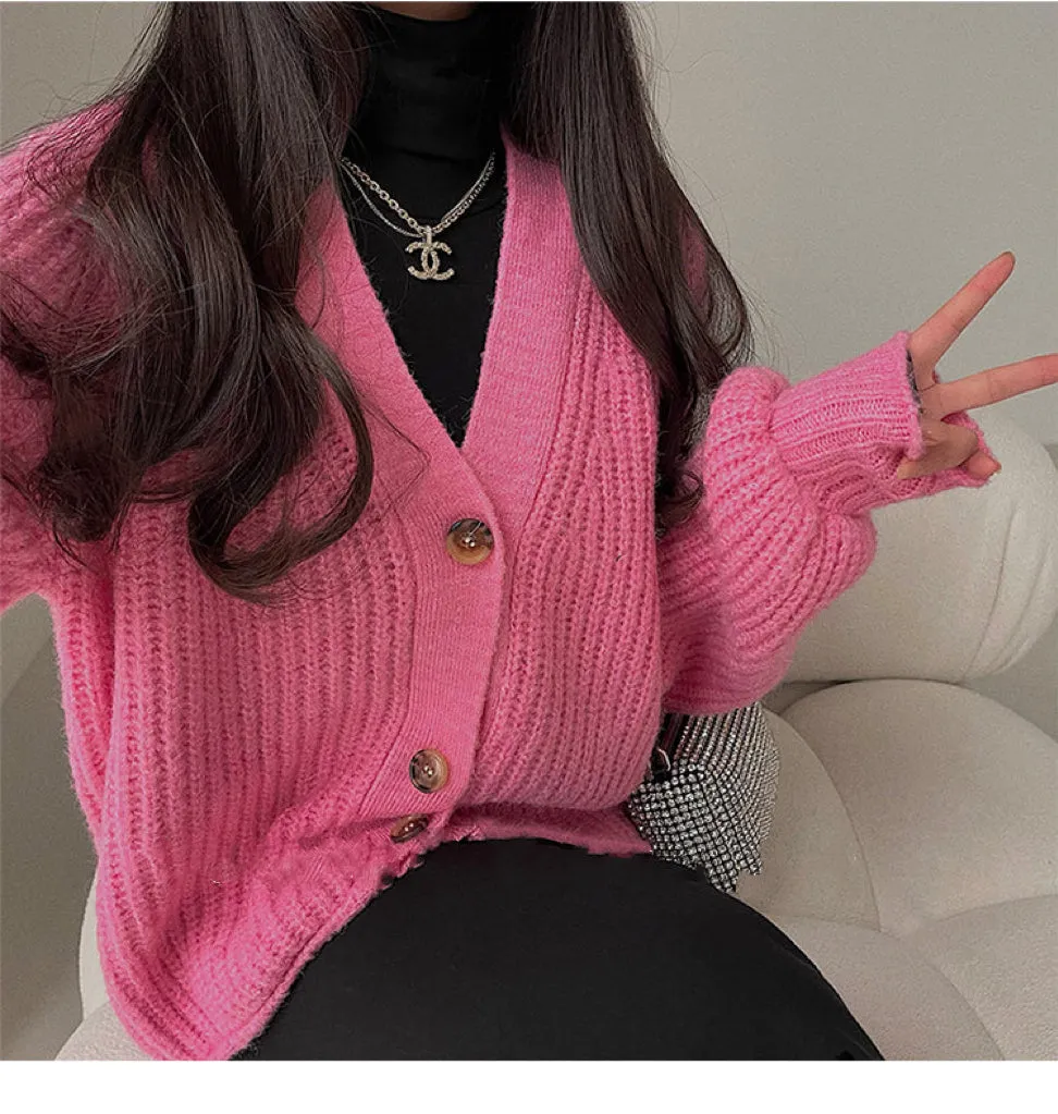 Alma Solid Color Long Sleeve Knitted Long Sleeve Button Up Sweater