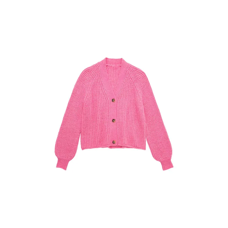 Alma Solid Color Long Sleeve Knitted Long Sleeve Button Up Sweater