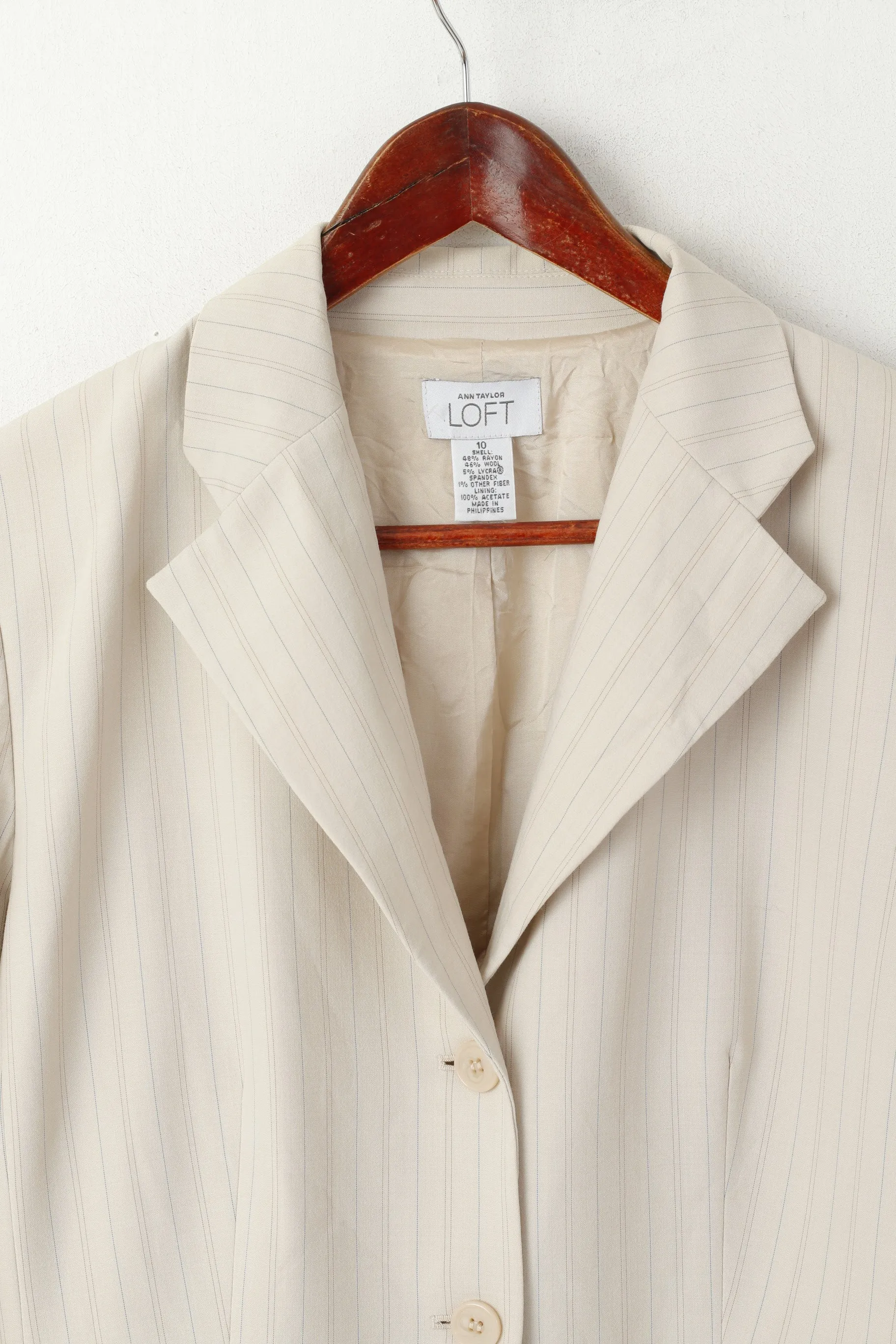 Ann Taylor LOFT Women 10 M Blazer Beige Striped Rayon Wool Blend Single Breasted Jacket