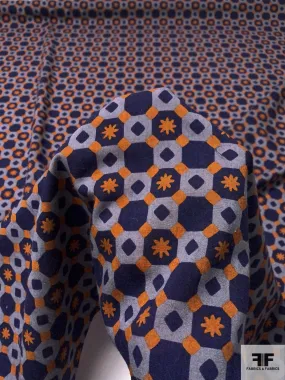 Art Deco Checkerboard Printed Wool Challis - Navy / Powder Blue / Ginger Orange