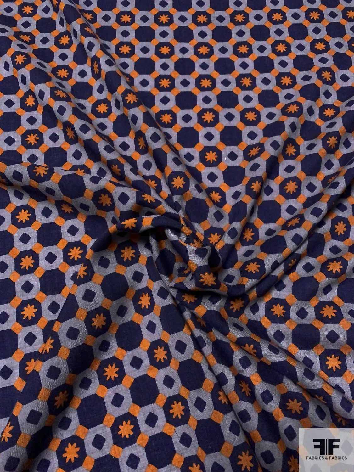 Art Deco Checkerboard Printed Wool Challis - Navy / Powder Blue / Ginger Orange