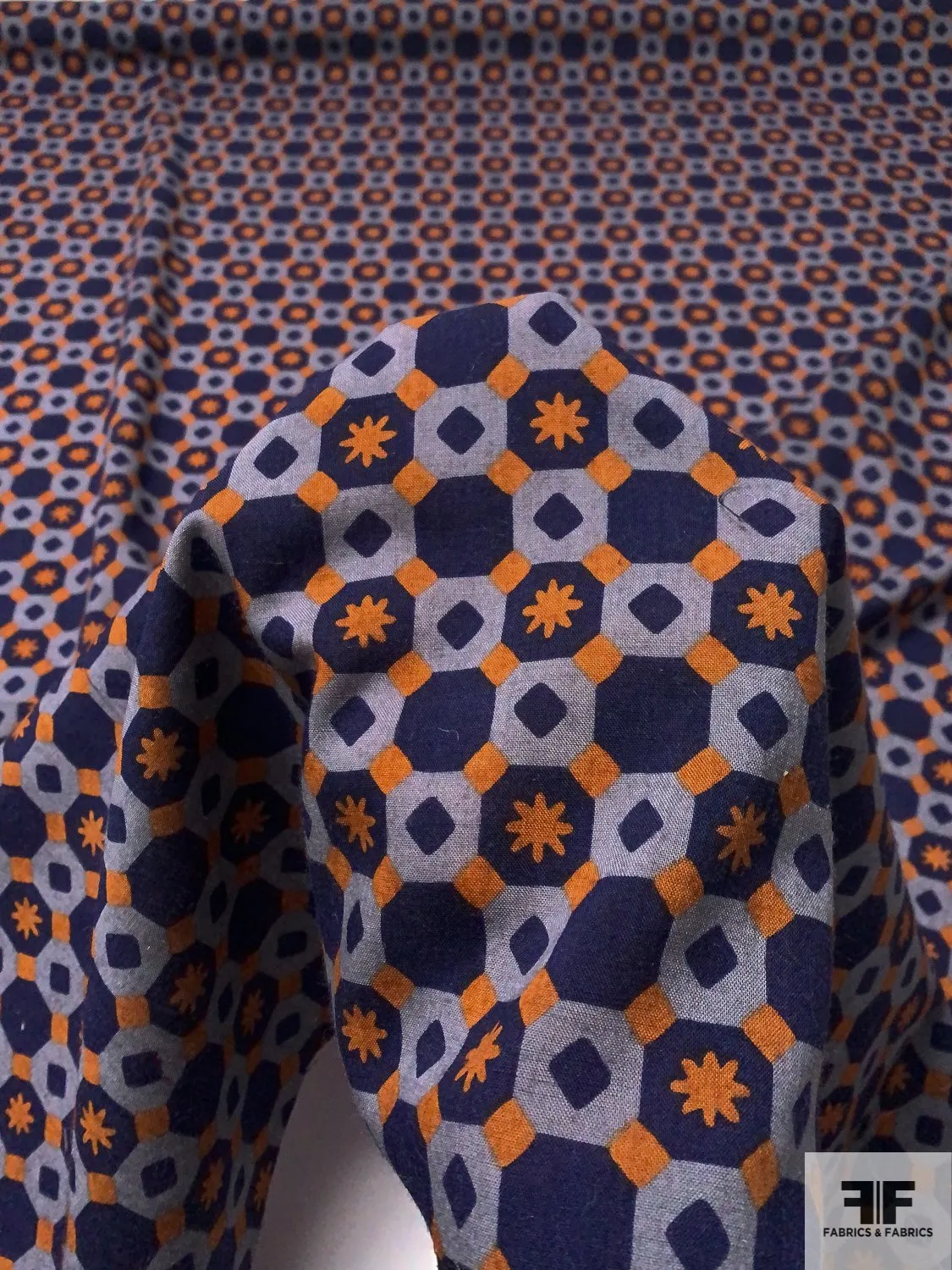 Art Deco Checkerboard Printed Wool Challis - Navy / Powder Blue / Ginger Orange