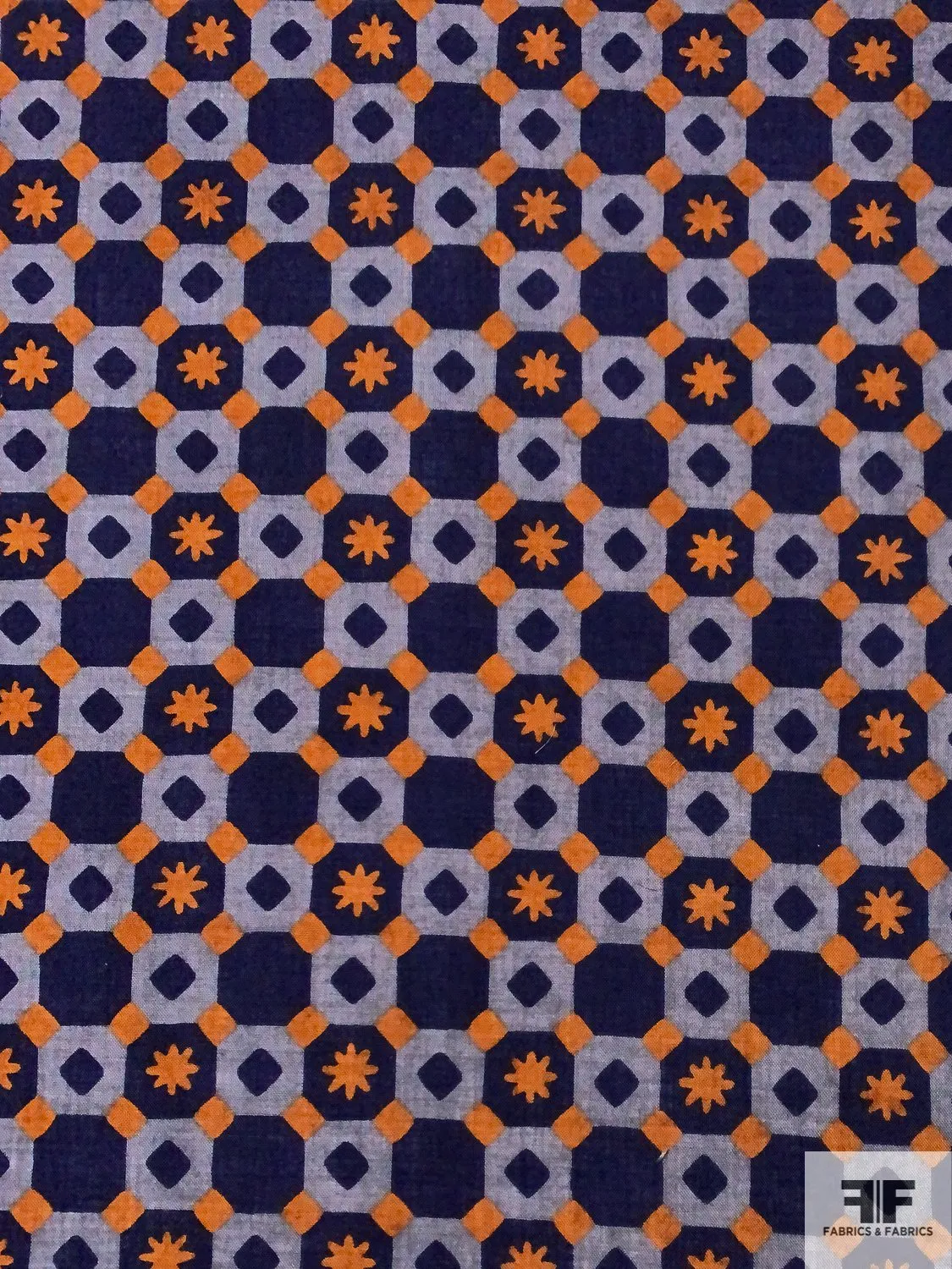 Art Deco Checkerboard Printed Wool Challis - Navy / Powder Blue / Ginger Orange