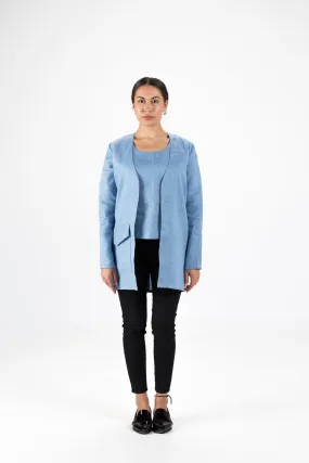 Azzuro Blue Linen Coat with Oversized Pocket and Sailboat Embroidery