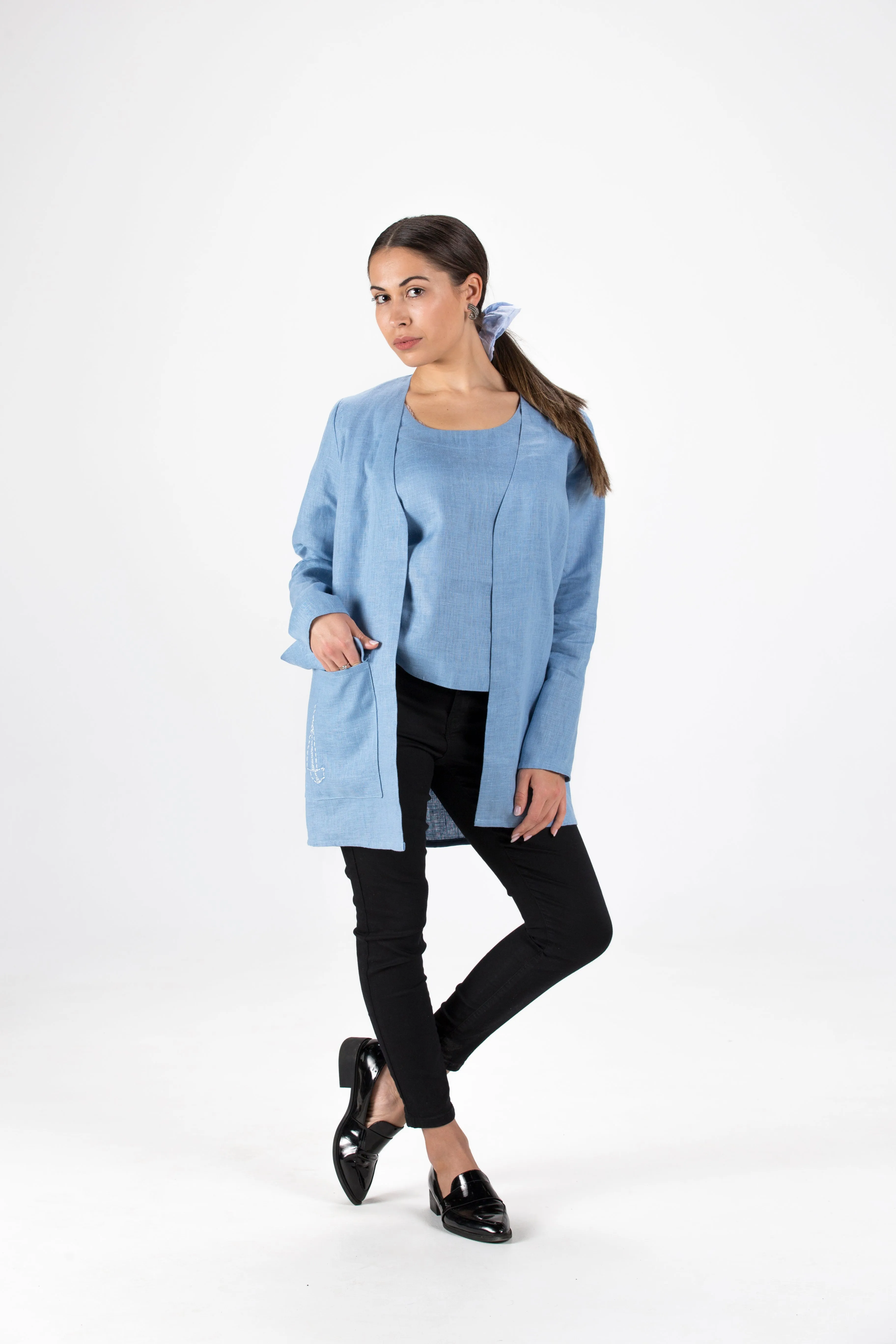 Azzuro Blue Linen Coat with Oversized Pocket and Sailboat Embroidery