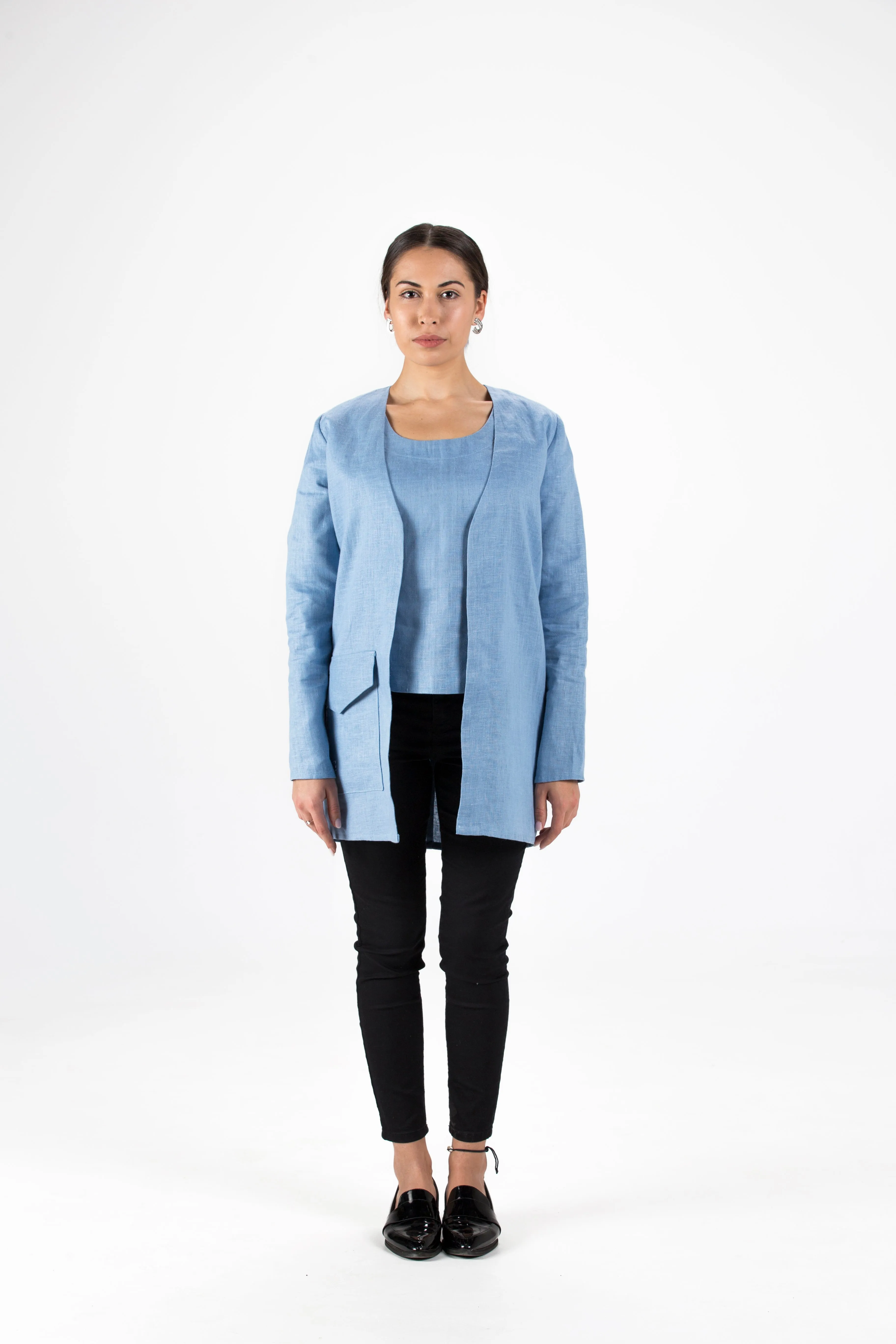 Azzuro Blue Linen Coat with Oversized Pocket and Sailboat Embroidery