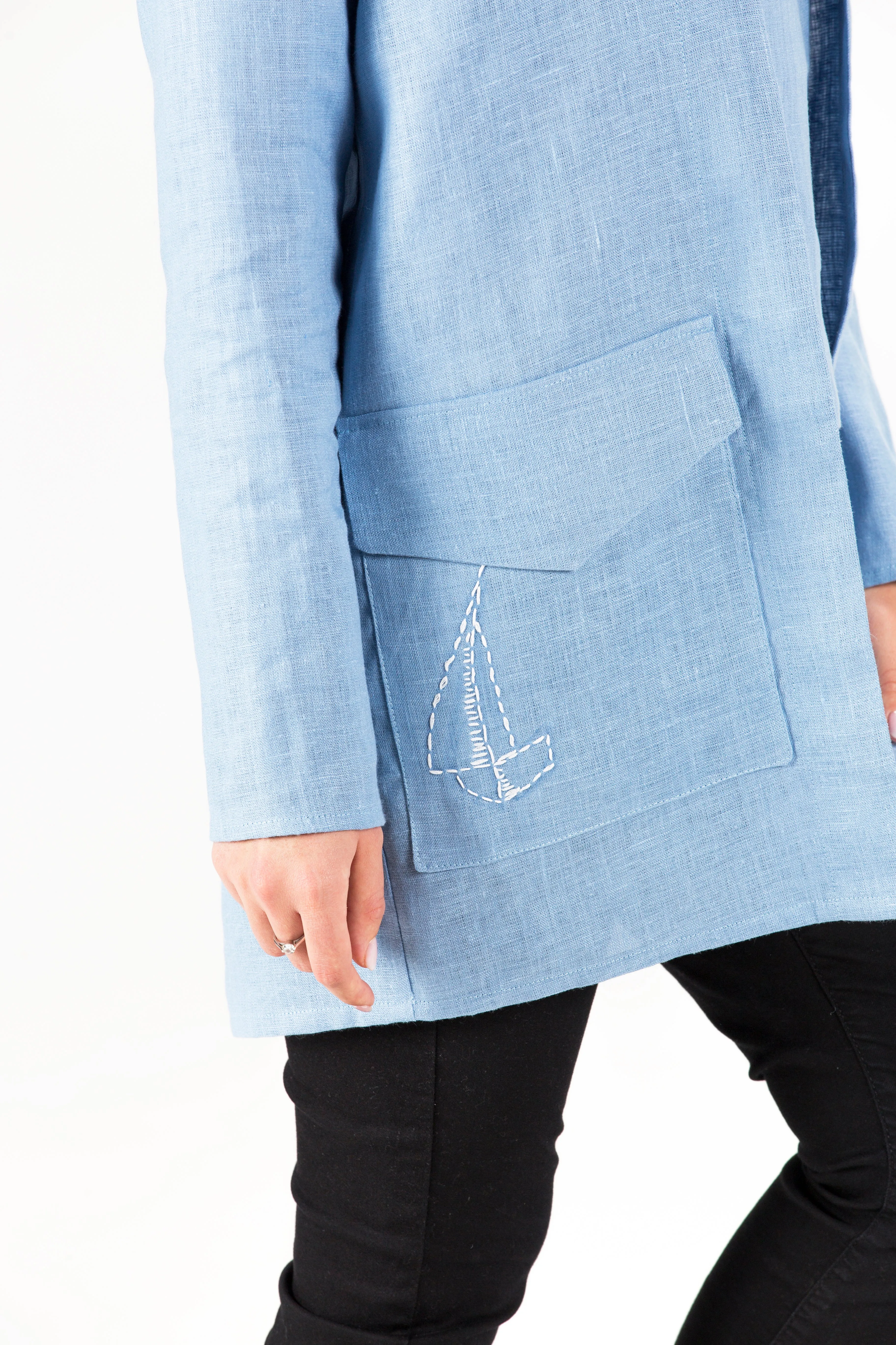 Azzuro Blue Linen Coat with Oversized Pocket and Sailboat Embroidery