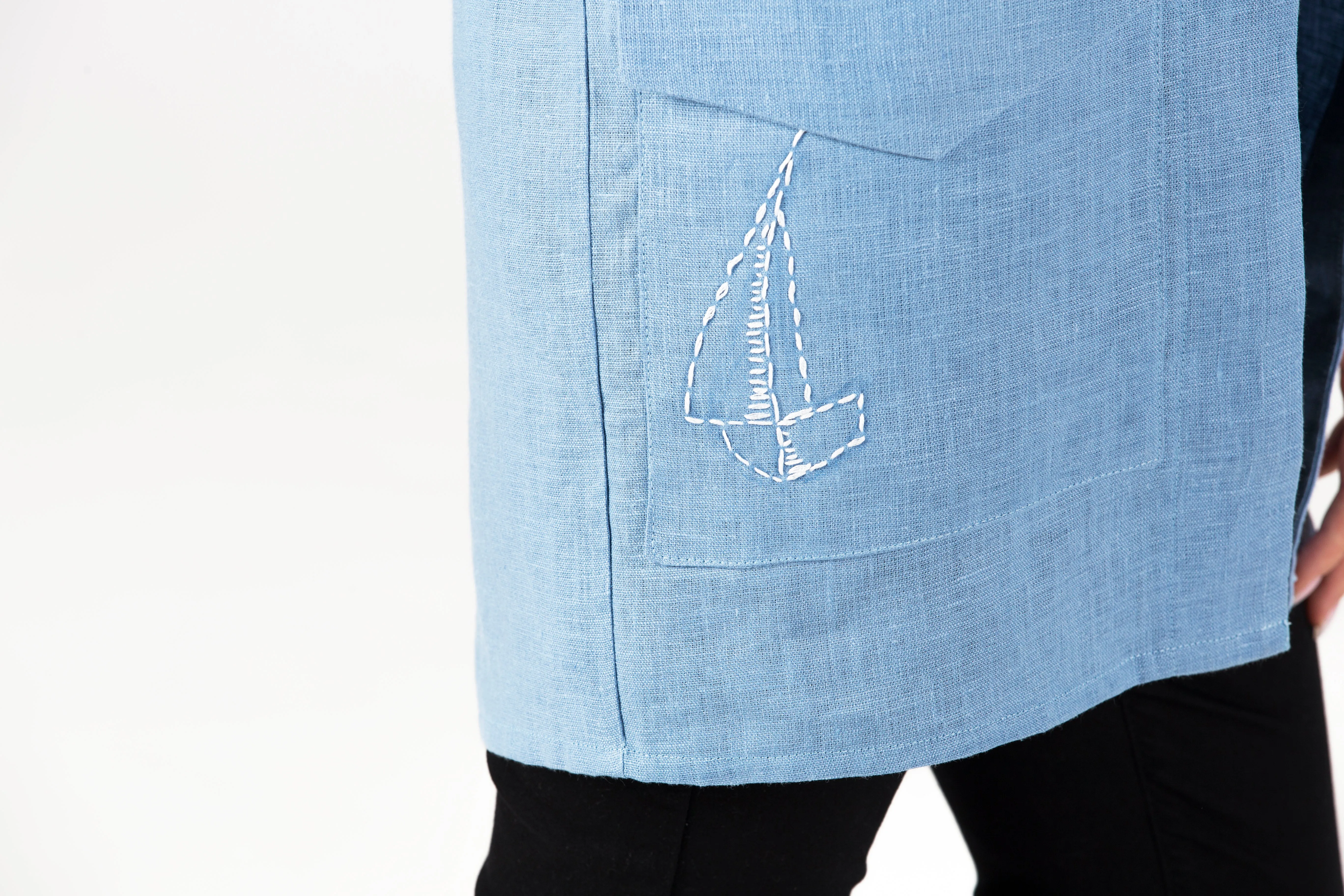 Azzuro Blue Linen Coat with Oversized Pocket and Sailboat Embroidery