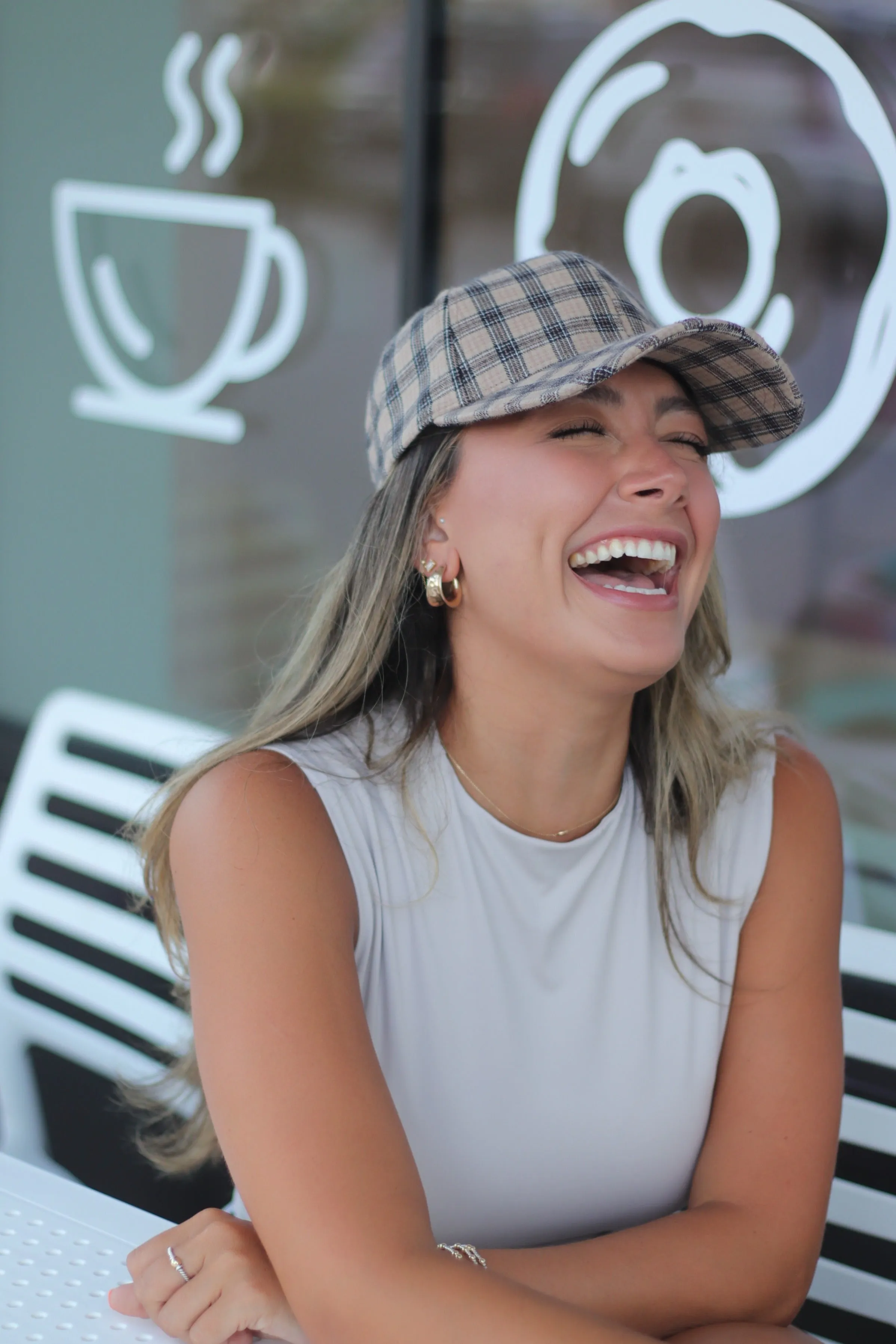 Beige & Black Plaid Hat