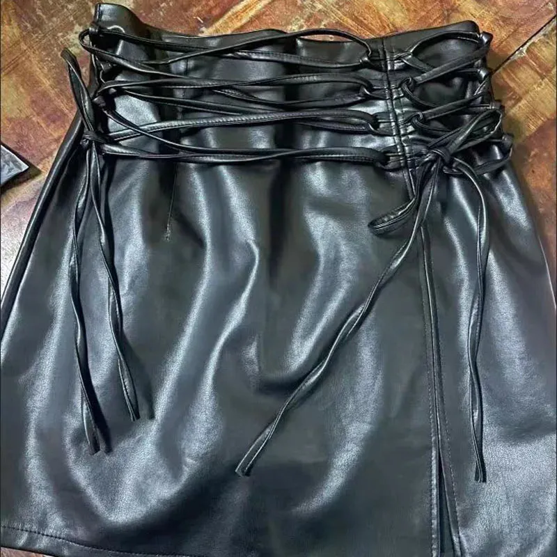 Black Leather Slim Fit Lace Up Gothic Skirt