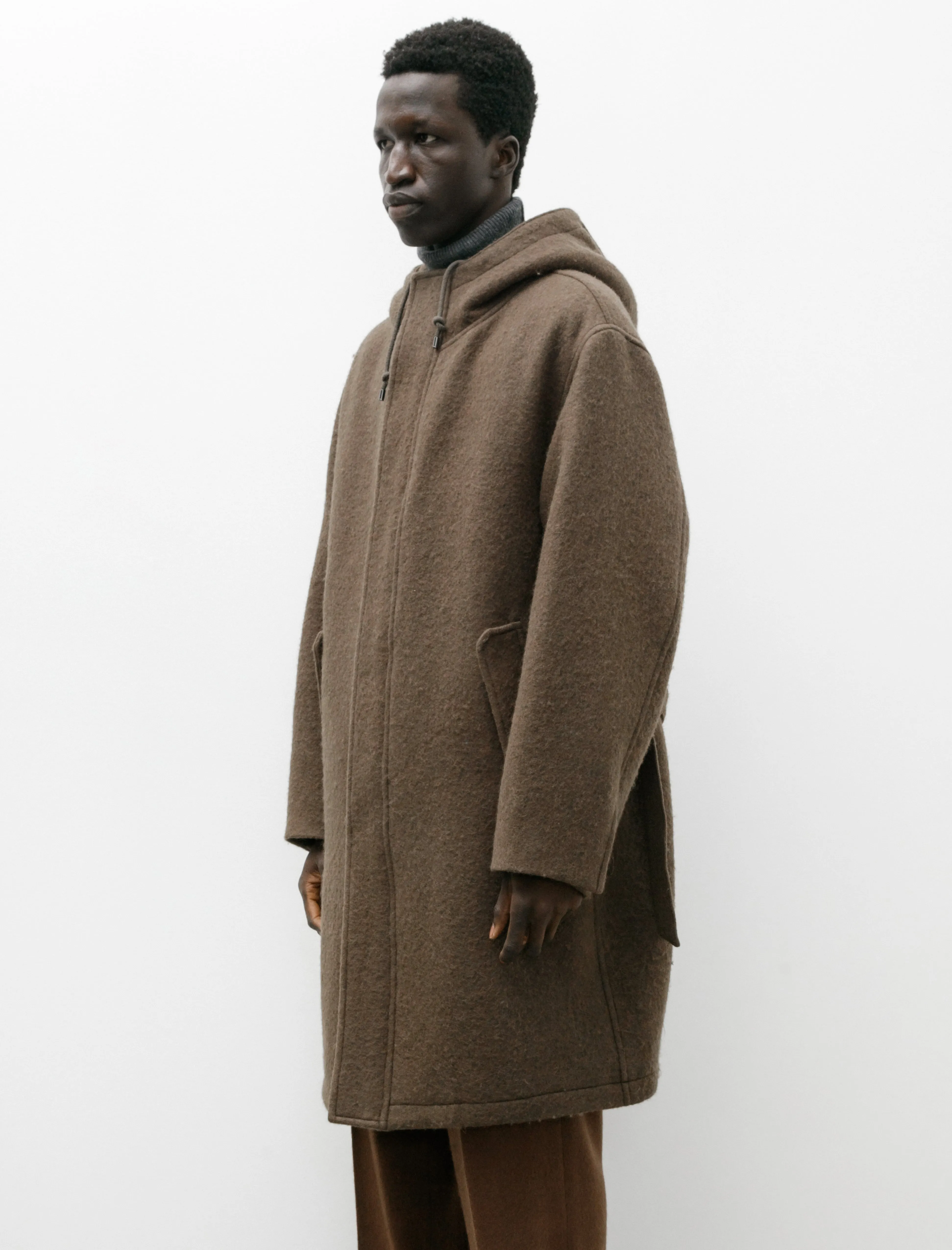 Brushed Alpaca Wool Melton Hooded Coat Dark Olive