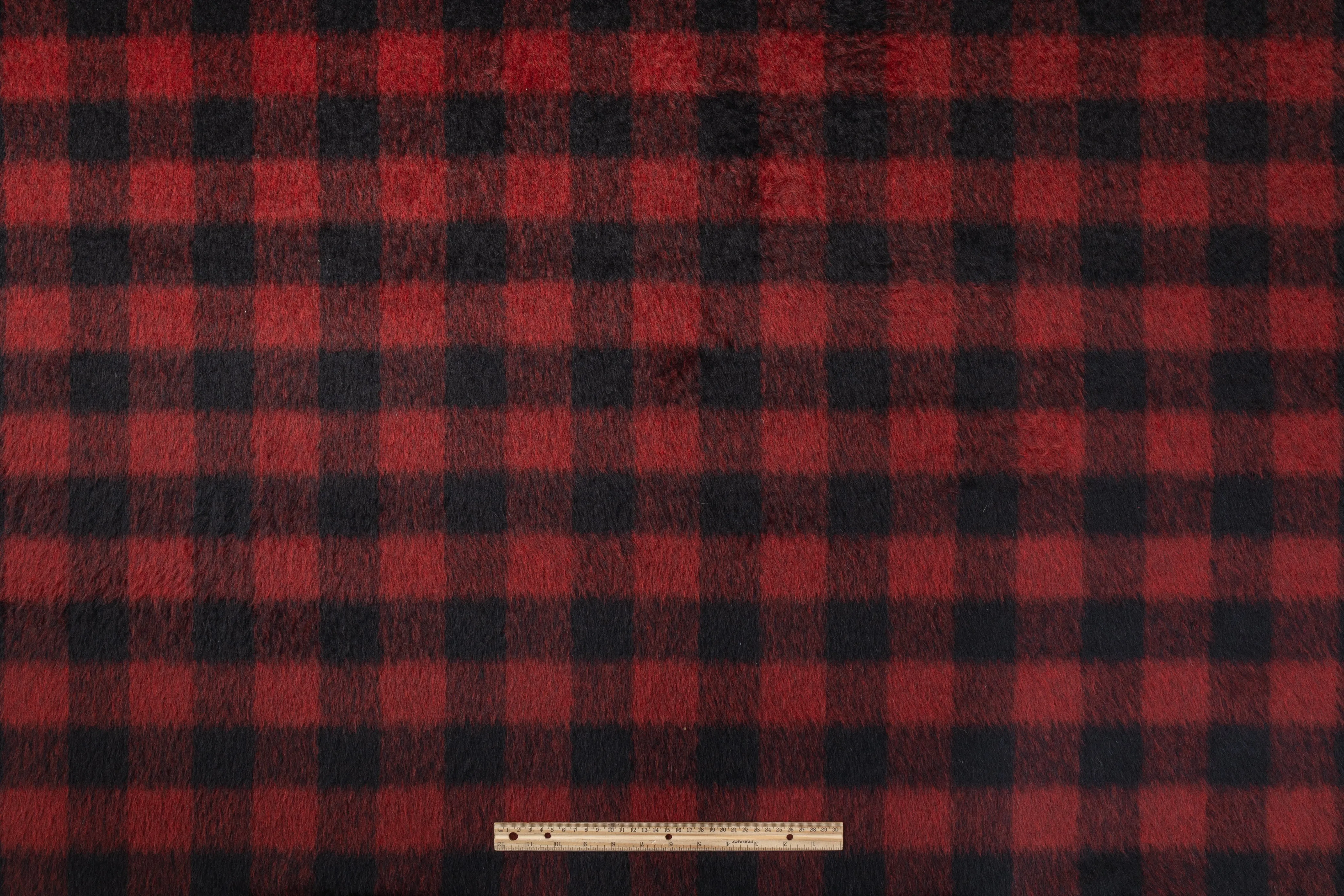 Buffalo Plaid Long-haired Wool Coating - Red / Black