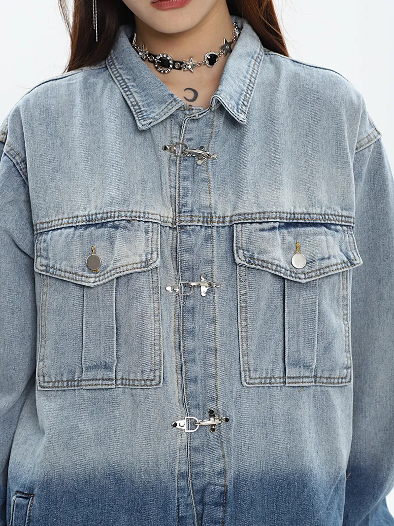 Carley Washed Faded Long Sleeve Button Up Denim Jean Jacket