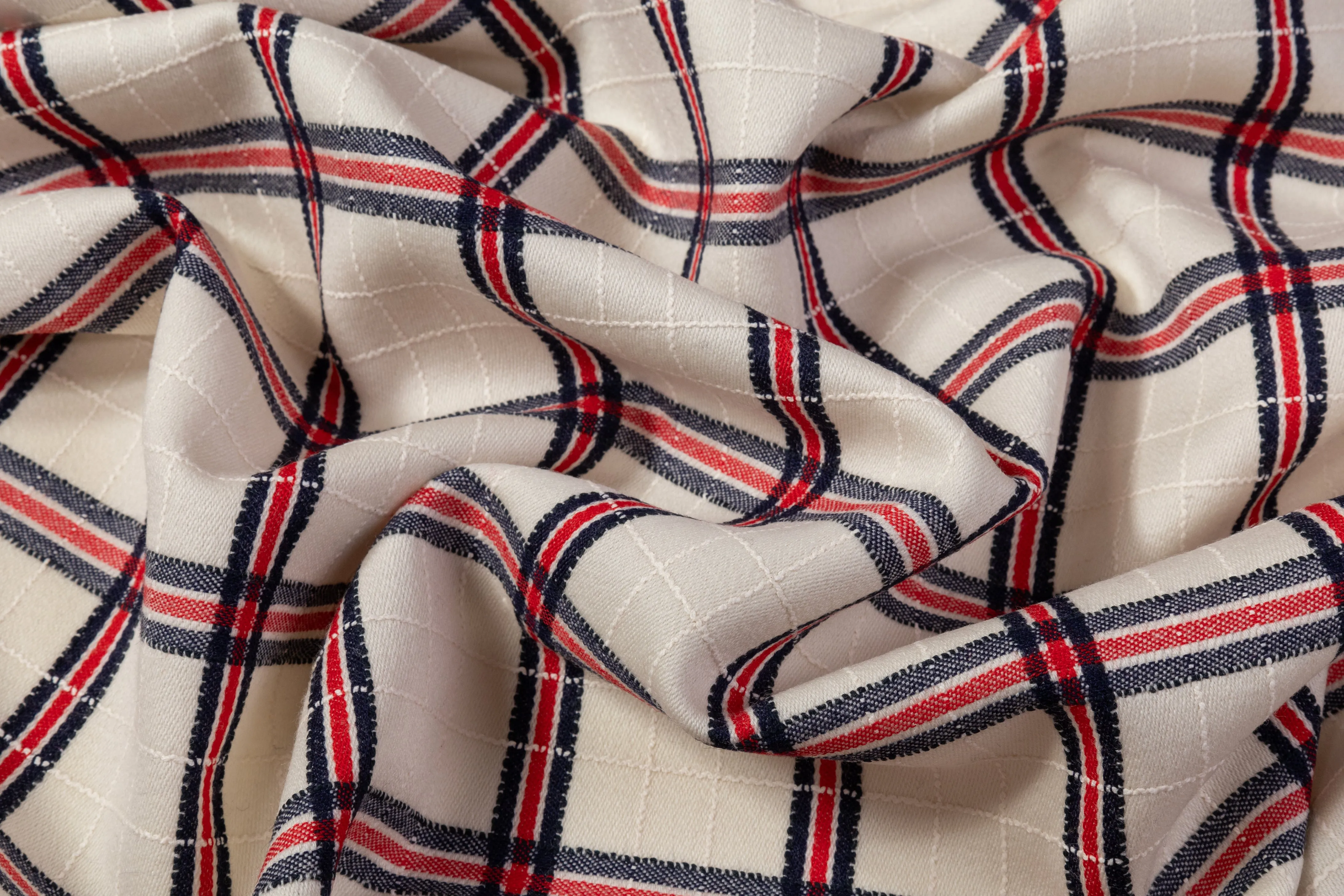 Checked Italian Cotton Wool Suiting - Off White / Red / Navy