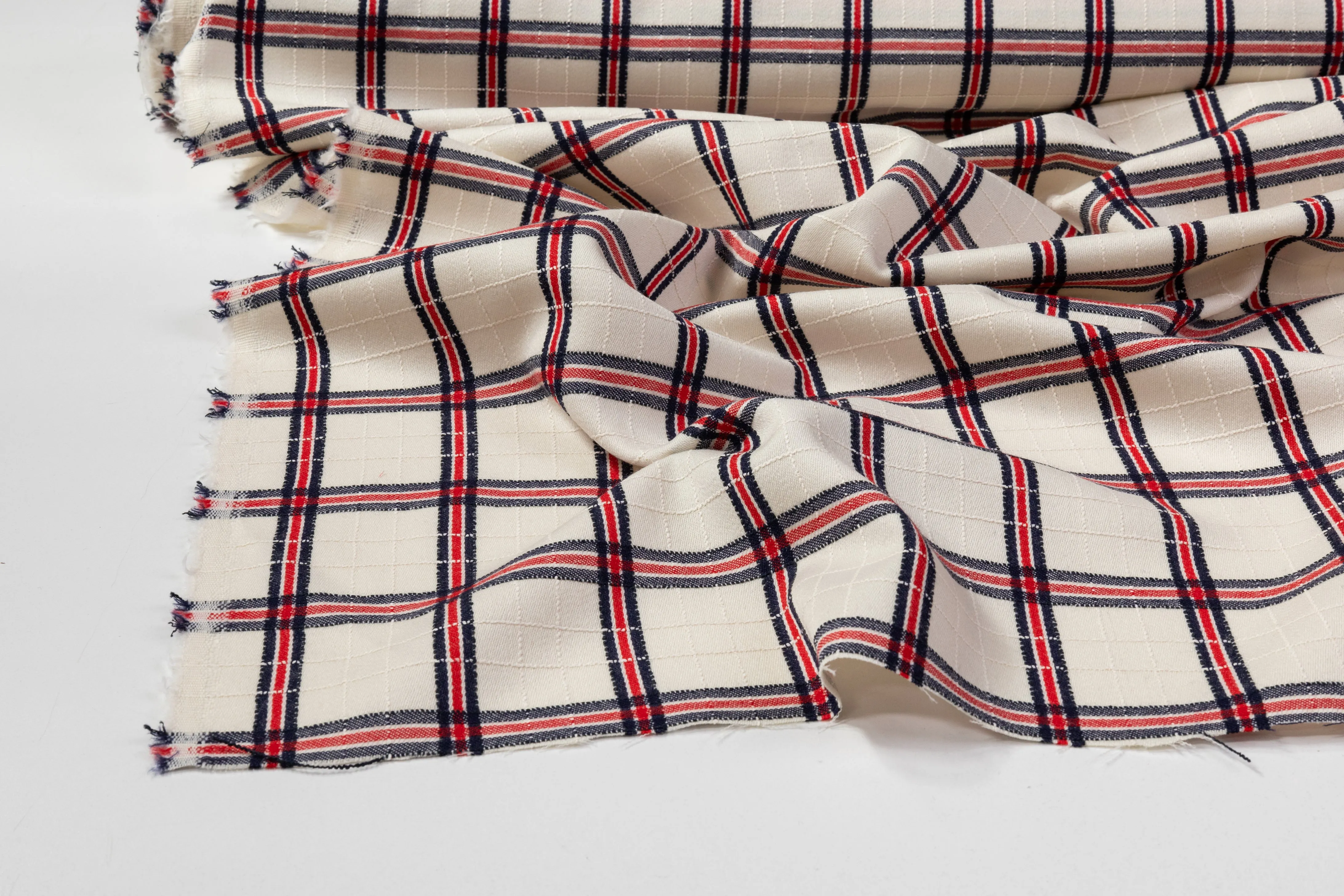 Checked Italian Cotton Wool Suiting - Off White / Red / Navy