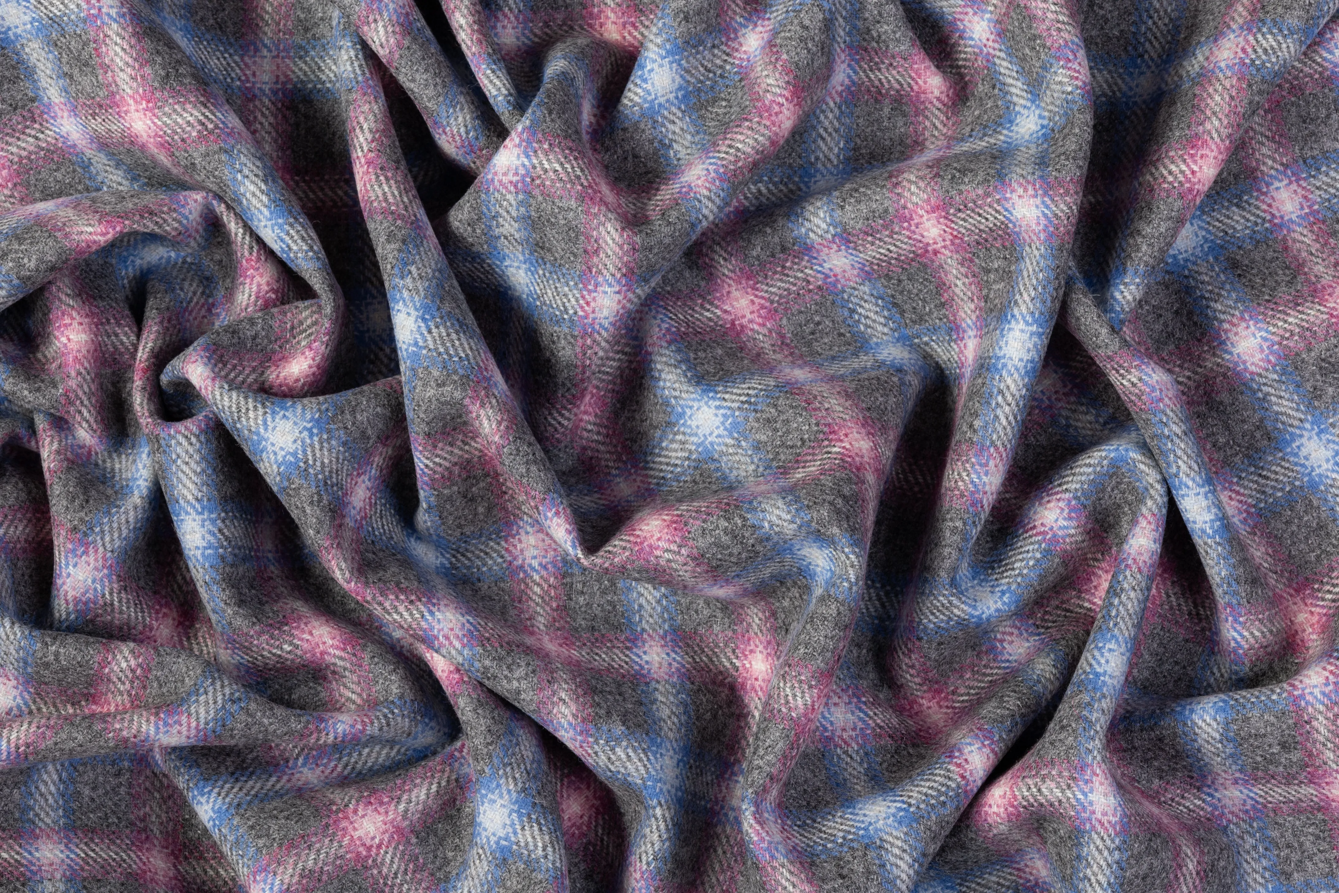 Checked Italian Wool Blend Coating - Pink / Blue / Gray