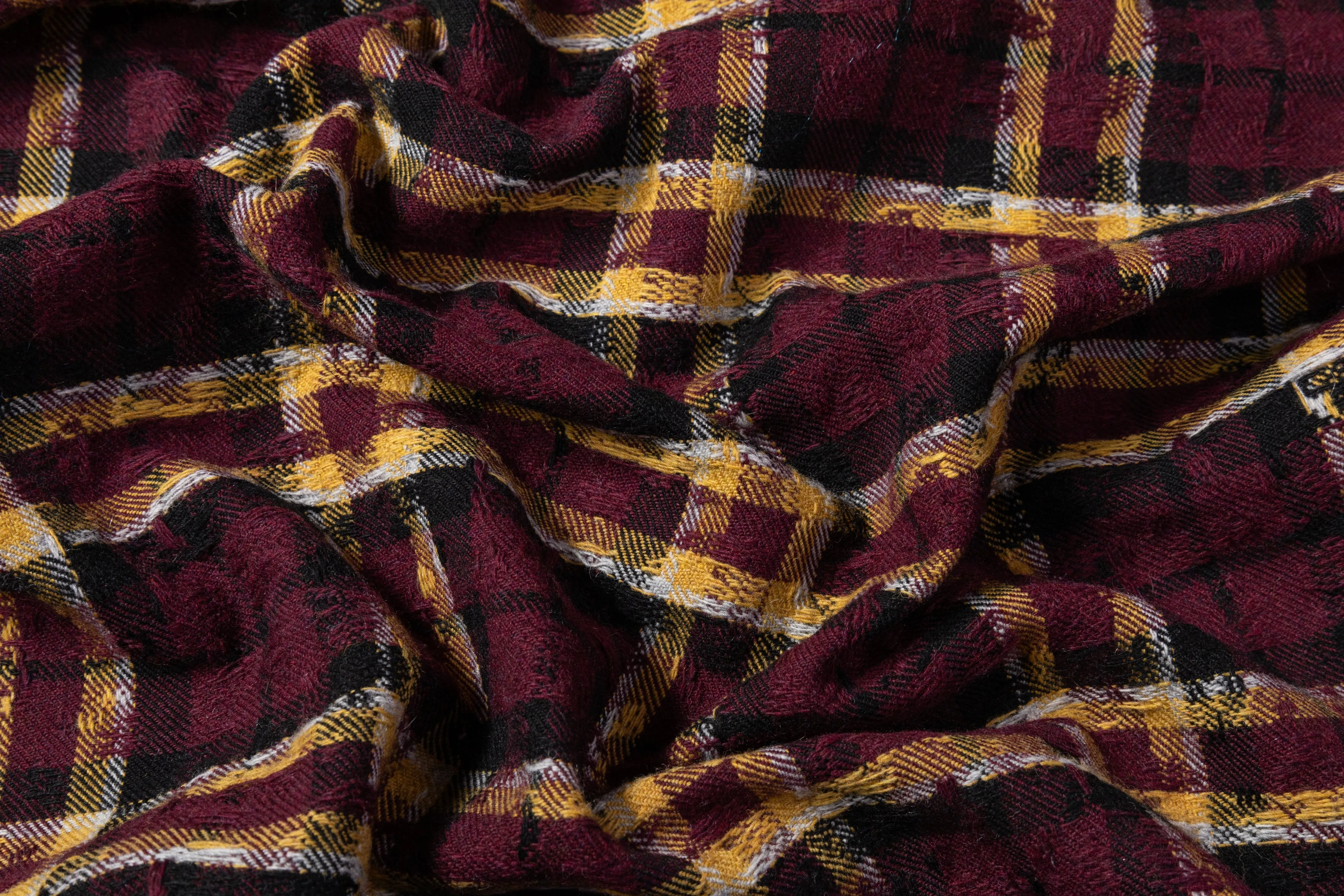 Checked Italian Wool Blend Tweed Coating - Burgundy / Yellow