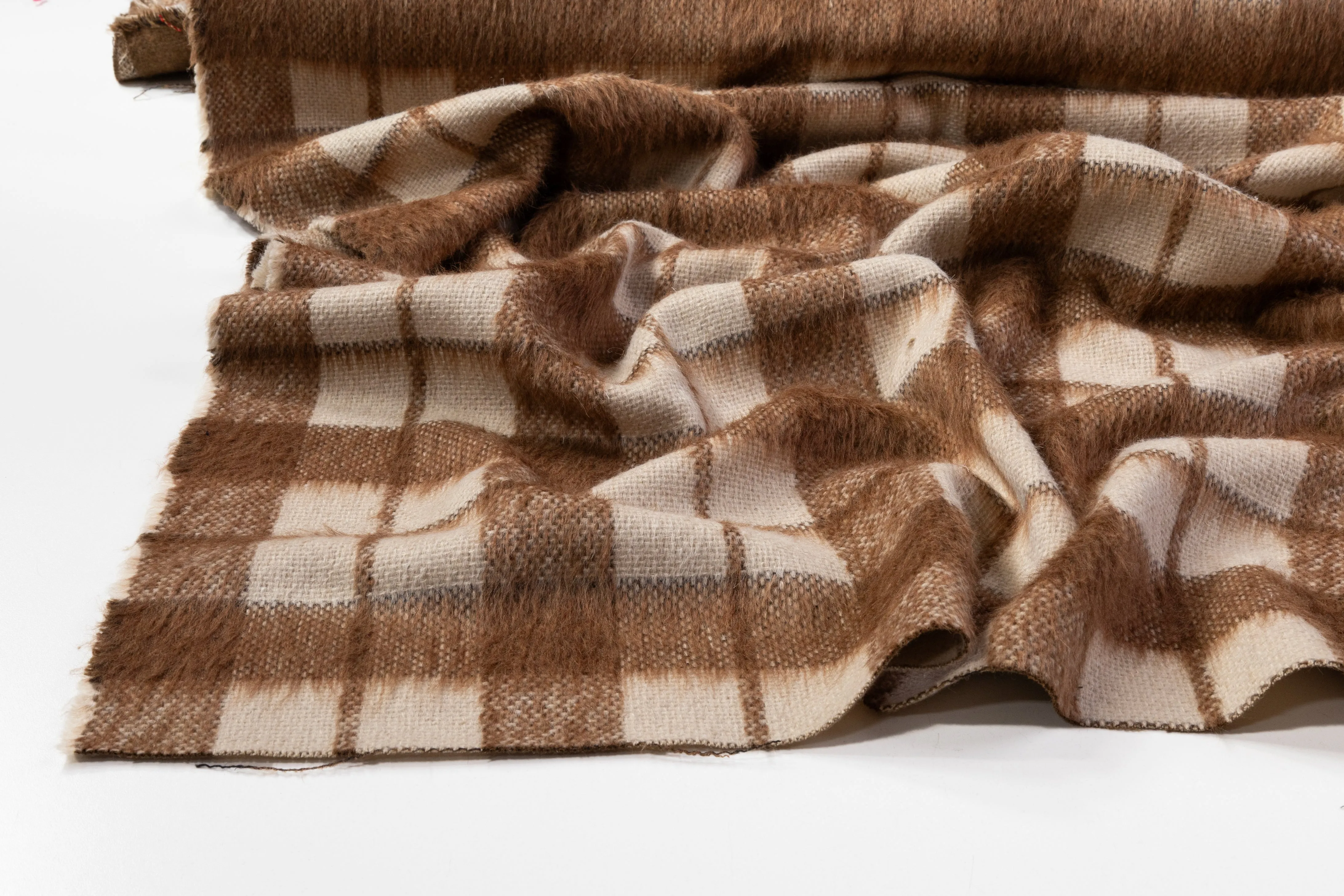 Checked Italian Wool Mohair Blend Coating - Brown