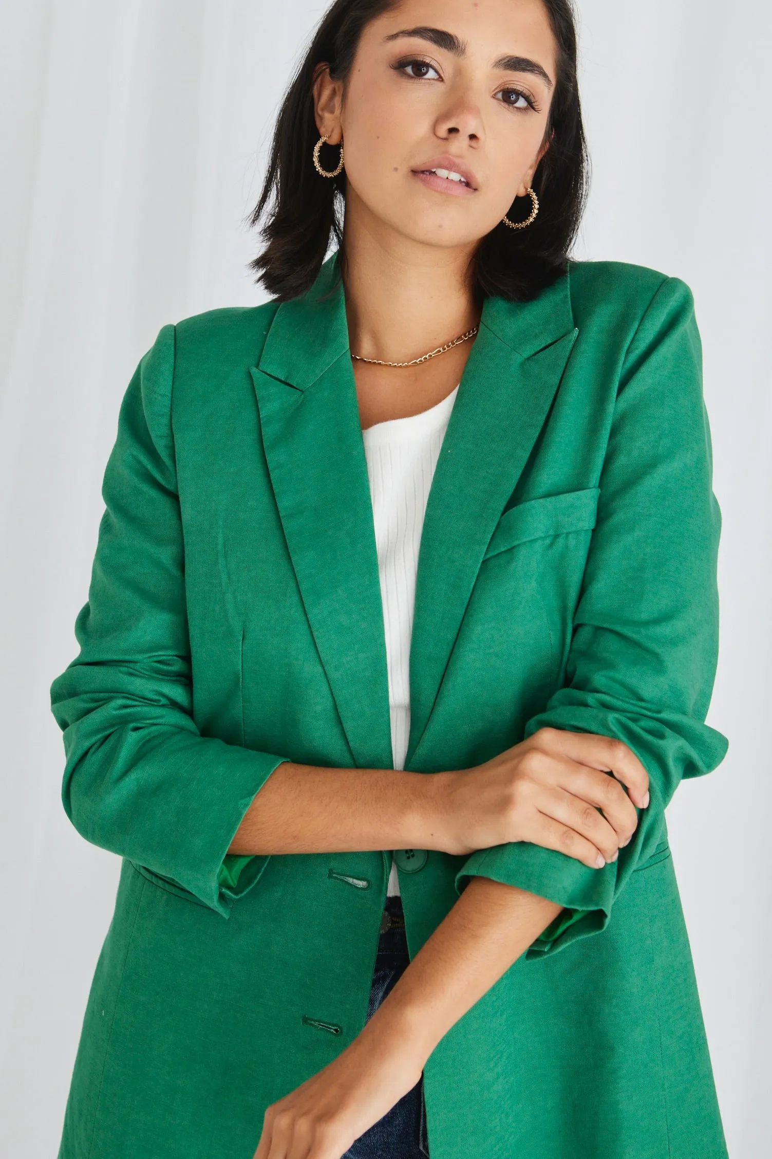 Demi Palm Green Linen Single Breasted Longline Blazer