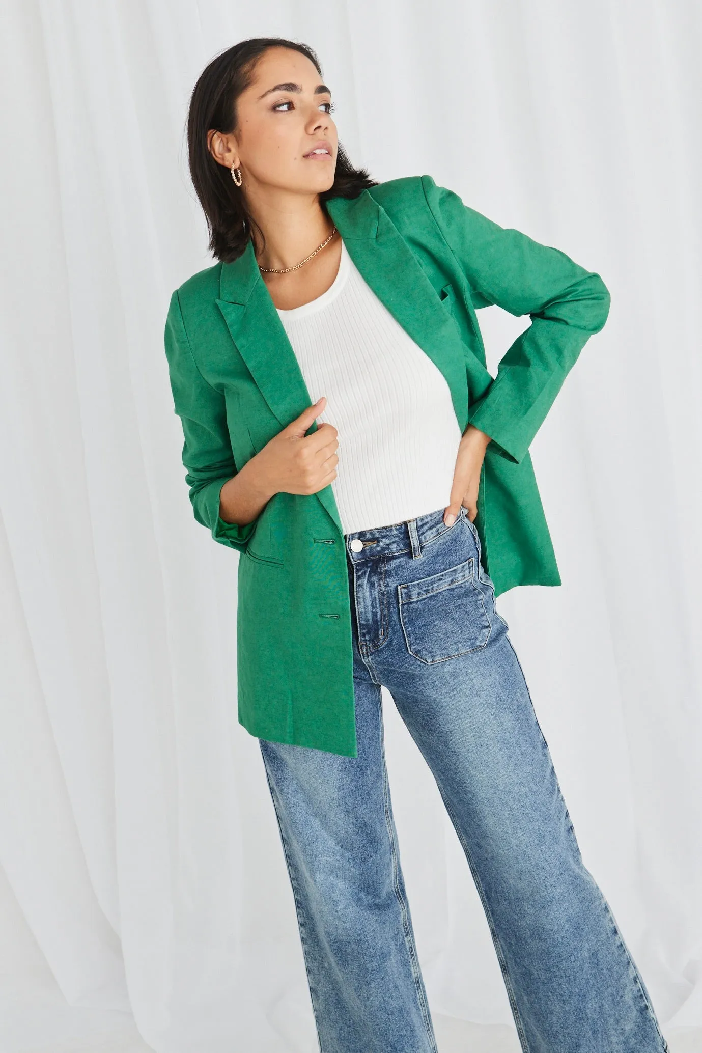 Demi Palm Green Linen Single Breasted Longline Blazer