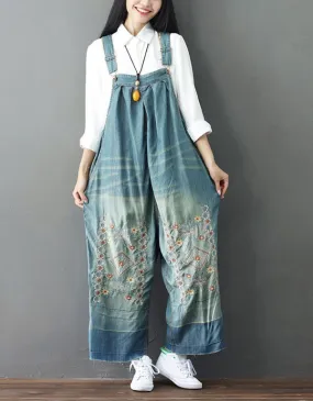 Embroidery Wide Leg Denim Overalls Loose Retro Jumpsuit