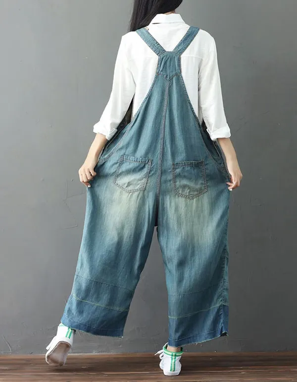 Embroidery Wide Leg Denim Overalls Loose Retro Jumpsuit