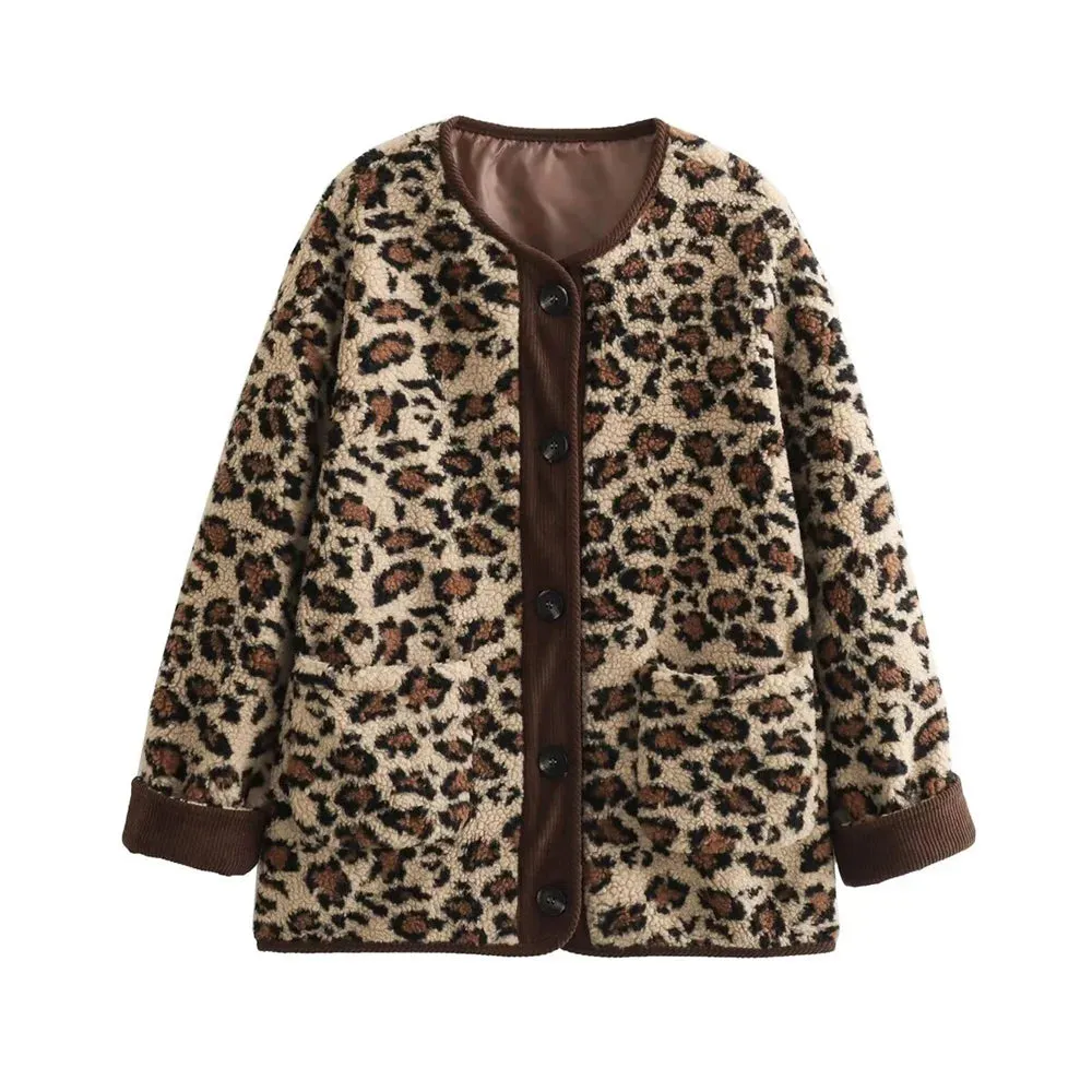 Fashionkova Women's Fashion New Unique Round Neck Single breasted Leopard Pattern Lamb Wool Coat