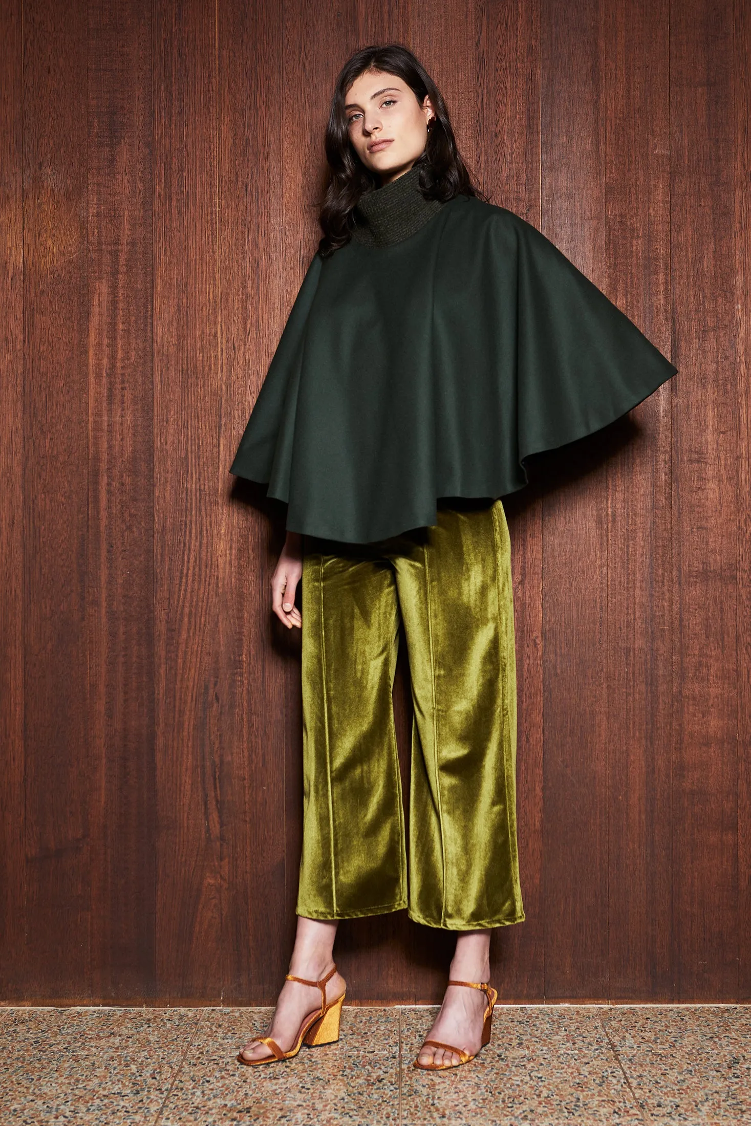 FERN CAPE [ Olive Green Wool, Turtleneck Poncho ]