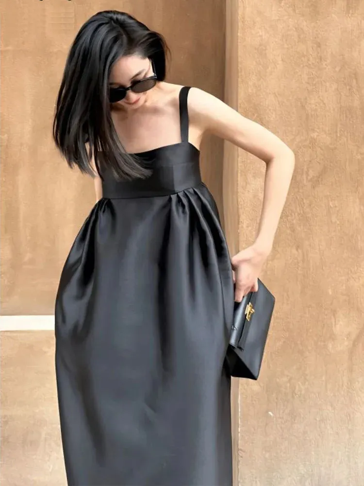 Getadme Black Dress for Women Sleeveless Solid Summer Backless Vintage Tender French Style Simple Slim Fit Classic Vestido Feminino