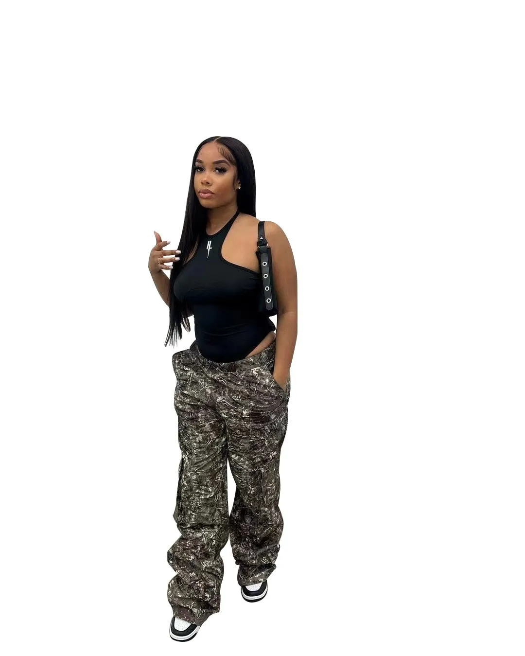 Getadme Camo Flare Cargo Pants For Women High Waist Big Size Camouflage Print Baggy Techwear Patchwork Pocket Summer Streetwear Trousers