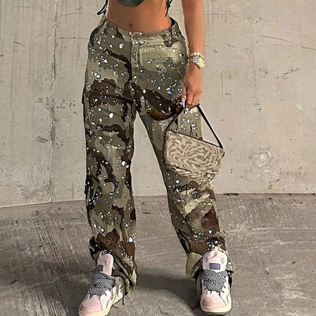 Getadme Camo Flare Cargo Pants For Women High Waist Big Size Camouflage Print Baggy Techwear Patchwork Pocket Summer Streetwear Trousers