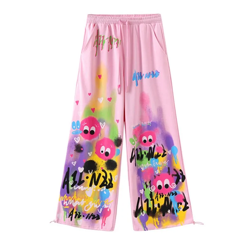 Getadme Japanese Y2K Graffiti Sweatpants Women Harajuku Kawaii Cute Pink Sports Pants Oversized Subculture Egirl Wide Trousers