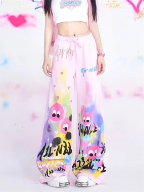 Getadme Japanese Y2K Graffiti Sweatpants Women Harajuku Kawaii Cute Pink Sports Pants Oversized Subculture Egirl Wide Trousers