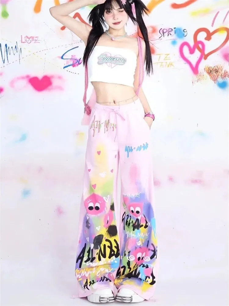 Getadme Japanese Y2K Graffiti Sweatpants Women Harajuku Kawaii Cute Pink Sports Pants Oversized Subculture Egirl Wide Trousers