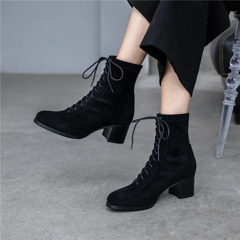 HOT women Ankle boots 22-26.5 cm length autumn and winter boots women Round toe Elastic cloth velvet mid-heel booties 2 colors