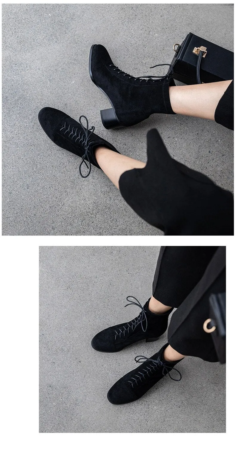 HOT women Ankle boots 22-26.5 cm length autumn and winter boots women Round toe Elastic cloth velvet mid-heel booties 2 colors