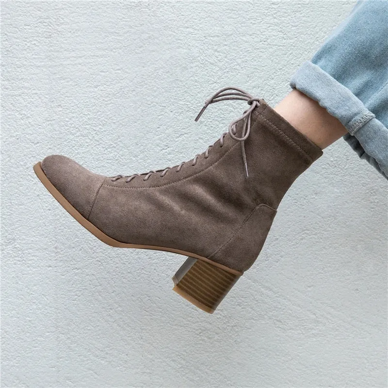 HOT women Ankle boots 22-26.5 cm length autumn and winter boots women Round toe Elastic cloth velvet mid-heel booties 2 colors