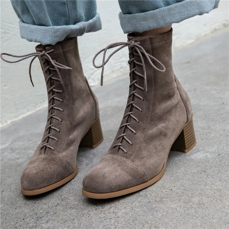 HOT women Ankle boots 22-26.5 cm length autumn and winter boots women Round toe Elastic cloth velvet mid-heel booties 2 colors