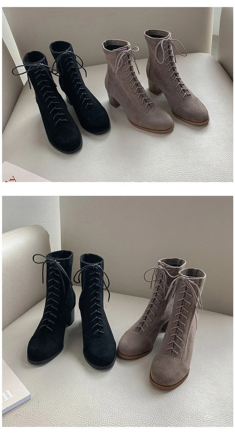 HOT women Ankle boots 22-26.5 cm length autumn and winter boots women Round toe Elastic cloth velvet mid-heel booties 2 colors