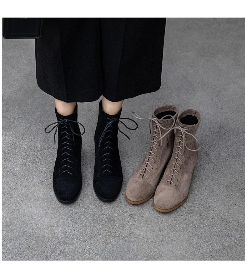 HOT women Ankle boots 22-26.5 cm length autumn and winter boots women Round toe Elastic cloth velvet mid-heel booties 2 colors